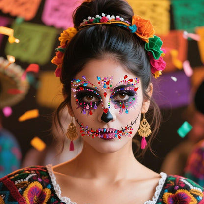 Halloween Face Jewels Temporary Tattoos – 4 Pack Day of the Death Rhinestone Skull Face Gems – Crystal Eye Glitter Stickers for Halloween Makeup, Cosplay & Horror Party Supplies (4 PCS)