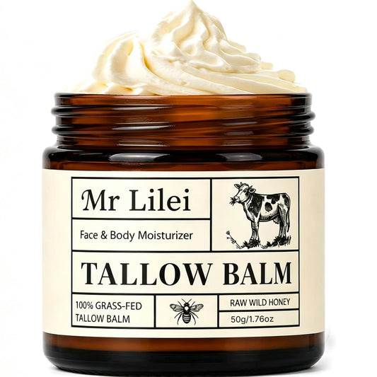 Lilei Beauty Beef Tallow for Skin - 100% Organic Grass-Fed Beef Tallow Balm with Raw Honey, Natural Whipped Face Moisturizer & Body Butter for Dry & Sensitive Skin, Non-Greasy (Unscented, 50g/1.76oz)