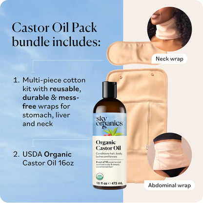 Sky Organics Organic Castor Oil Pack Wrap Set 16oz , Reusable Wraps