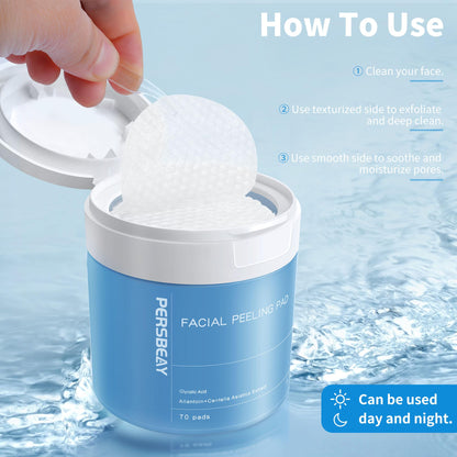 Persbeay Glycolic Acid Pads, Exfoliating Toner Pads for Facial Radiance, Dual Action Gentle Face Pad for Deep Cleaning Effect |Peels & Daily Skin Renewal |Salicylic Acid & Vitamins B3 |70 Count