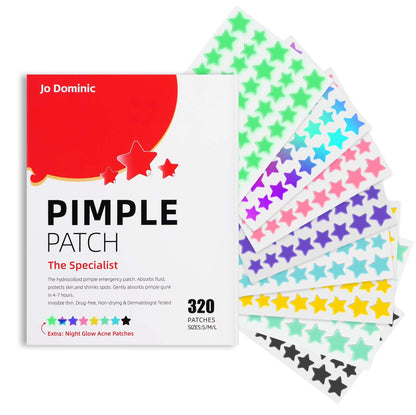 Jo Dominic Pimple stars Patches for Face, 4 Size 320 Counts Acne Patches, Hydrocolloid Patches for CoveringZits and Blemishes, Tea Tree Oil