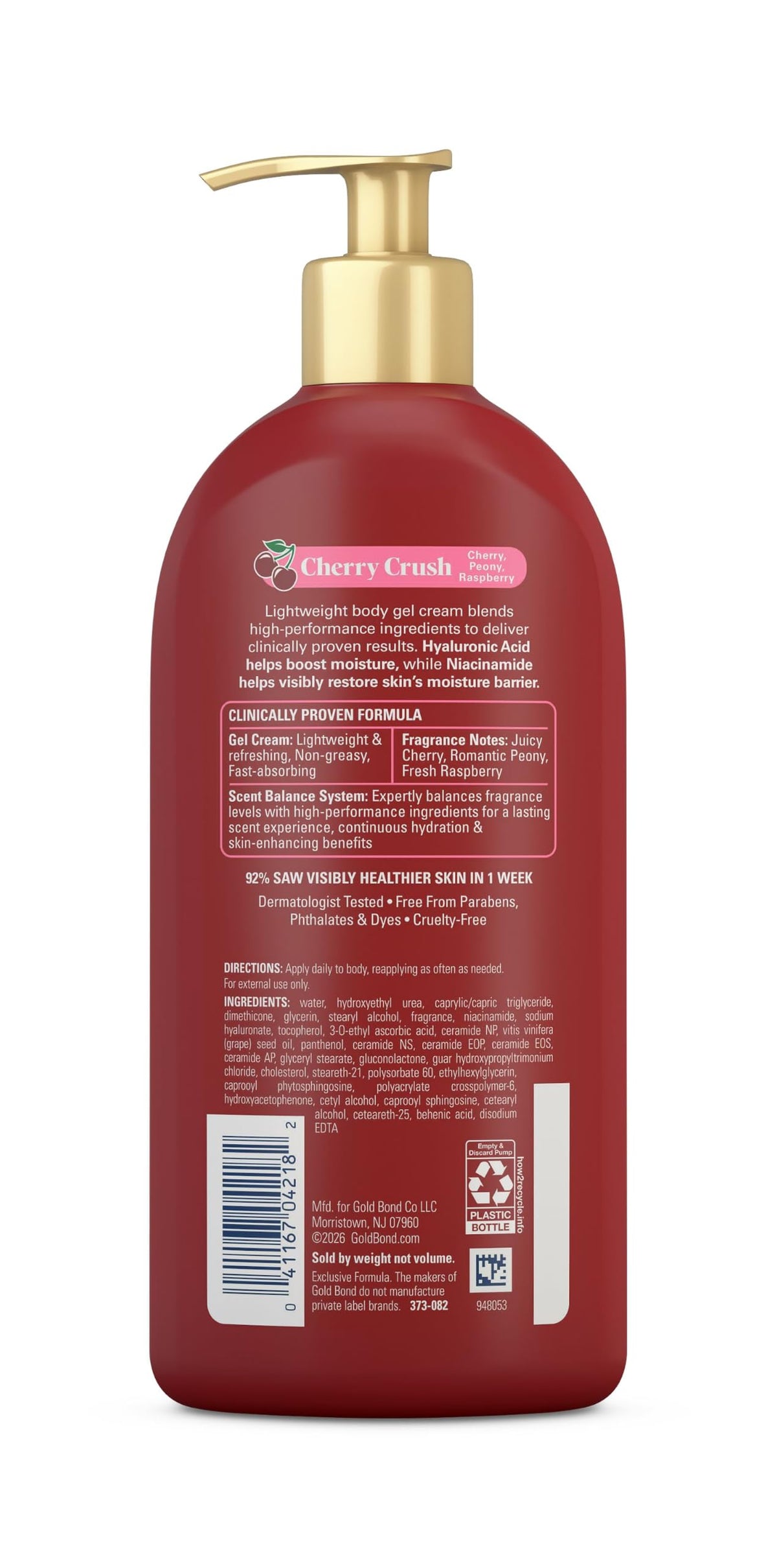 Gold Bond Cherry Crush Hydrating Gel Cream, Juicy Cherry Crush Scent, 24-Hour Hydrating Body Lotion with Hyaluronic Acid and Niacinamide, 14 oz.