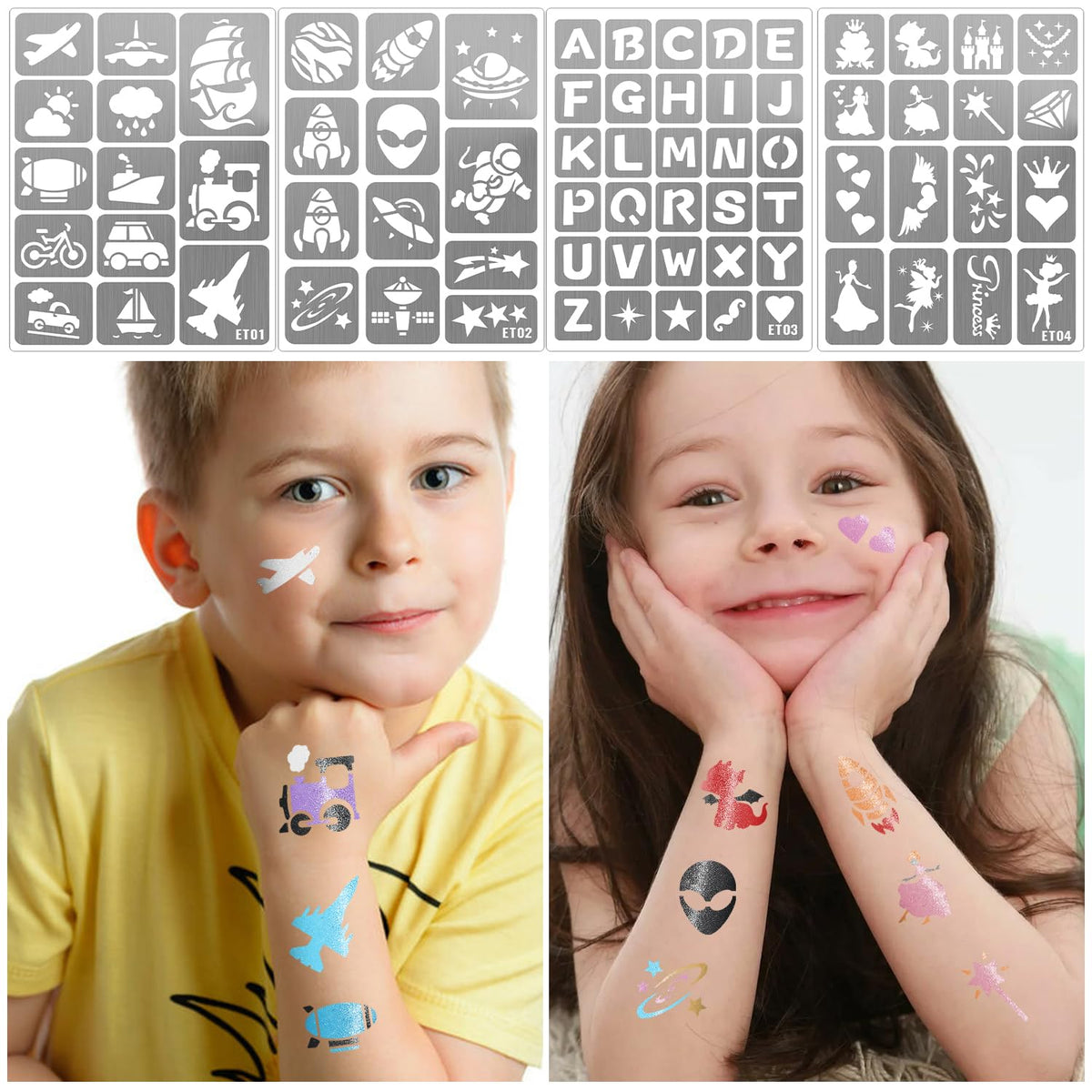 183 PCS Temporary Tattoos Stencils for Kids, Boys Girls Glitter Tattoo Stencils Kit, Body Face Paint Stencils Template for Kids School Show Birthdays Christmas Halloween Party Supplies