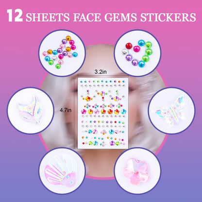 Face Glitter Face Gems, 40 Colors Glitter Makeup with 12 Sheets Face Jewels