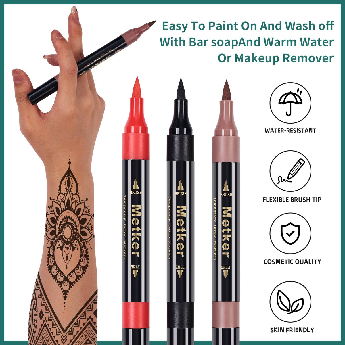 Metker Temporary Tattoo Markers, 16 Dual-End with 77 Stencils, Skin-Safe