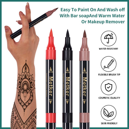 Metker Temporary Tattoo Markers, 16 Dual-End with 77 Stencils, Skin-Safe