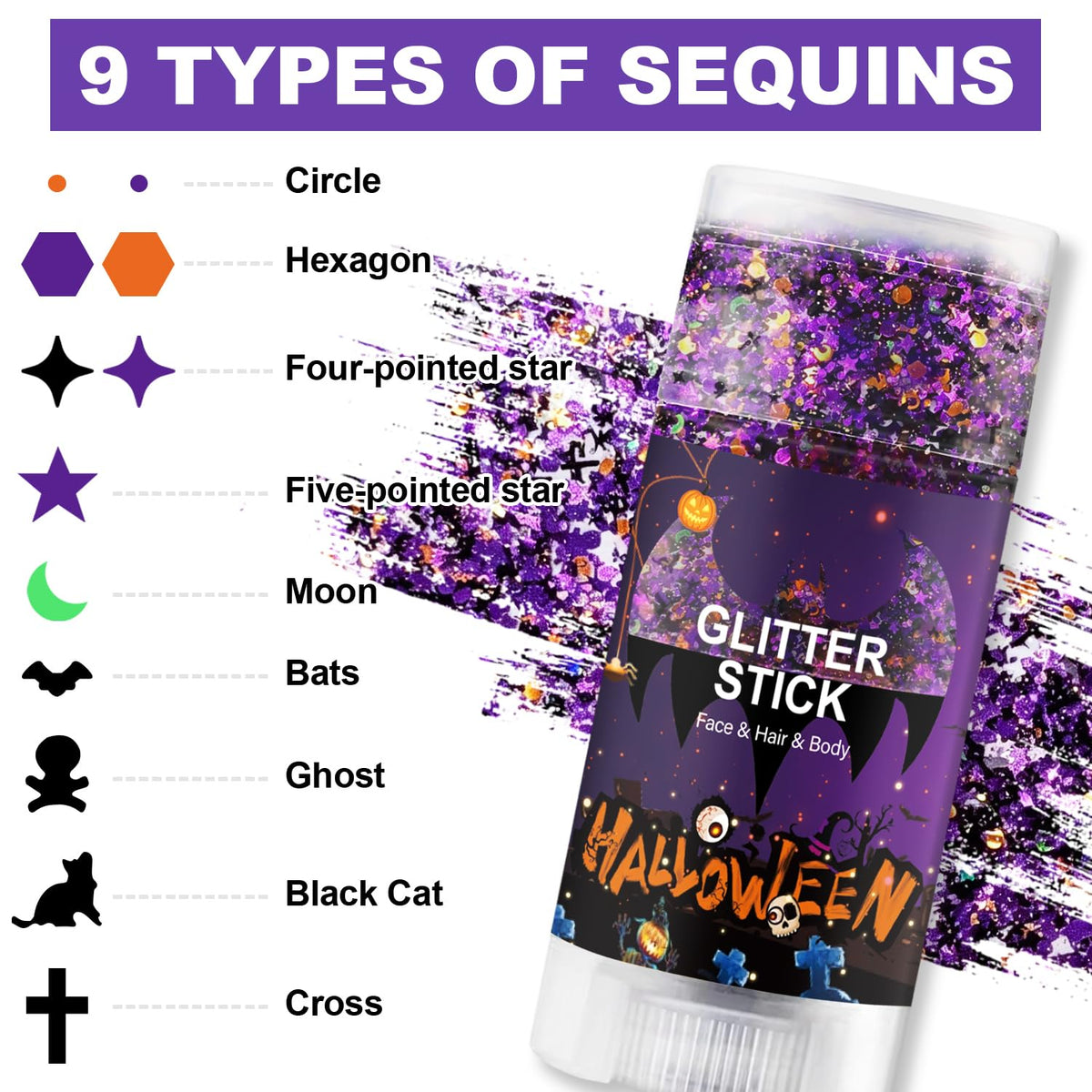 Halloween Body Glitter Stick, Black Orange Purple Sequin Hair Glitter Gel