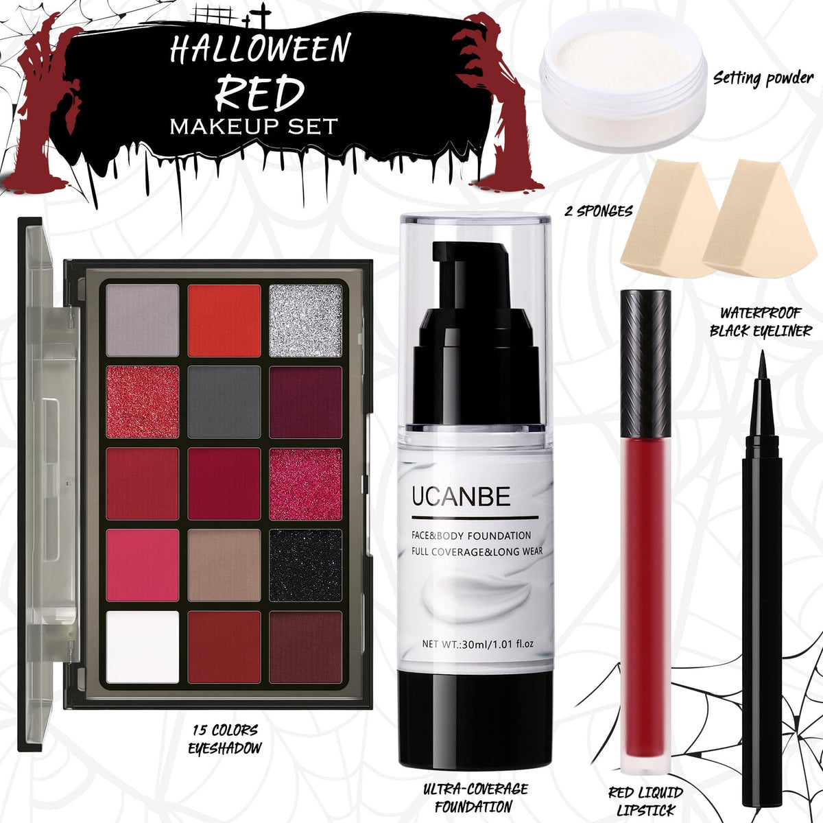 UCANBE Halloween Makeup Kit – 15-Color Red Eyeshadow Palette, White Liquid Foundation, Red Liquid Lipstick, Black Eyeliner, Setting Powder & Sponges Makeup Set for SFX Cosplay Costume Clown Vampire