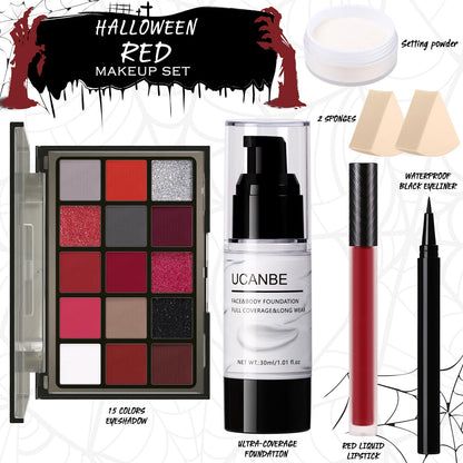 UCANBE Halloween Makeup Kit – 15-Color Red Eyeshadow Palette, White Liquid Foundation, Red Liquid Lipstick, Black Eyeliner, Setting Powder & Sponges Makeup Set for SFX Cosplay Costume Clown Vampire