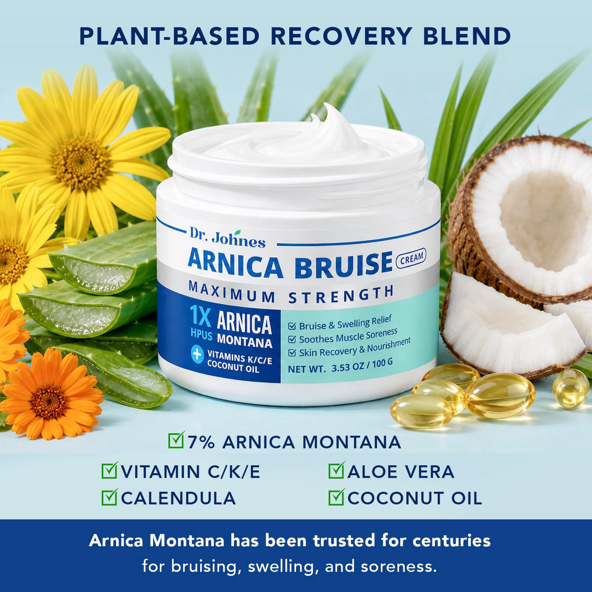 Dr. Johnes Arnica Bruise Cream Extra Strength Formula for Thin & Sensitive Skin with Arnica Montana HPUS & Vitamin K, Gentle Botanical Skin Care for Seniors and Everyday Care (3.53 Oz (Pack of 1))