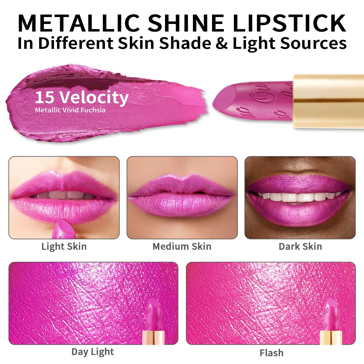 Oulac Pink Lipstick for Women with Metallic 3D Shine Lightweight Hydrating Formula, High Impact Lip Color, Full Coverage Lip Makeup, Christmas Gifts for Women, Velocity(15)