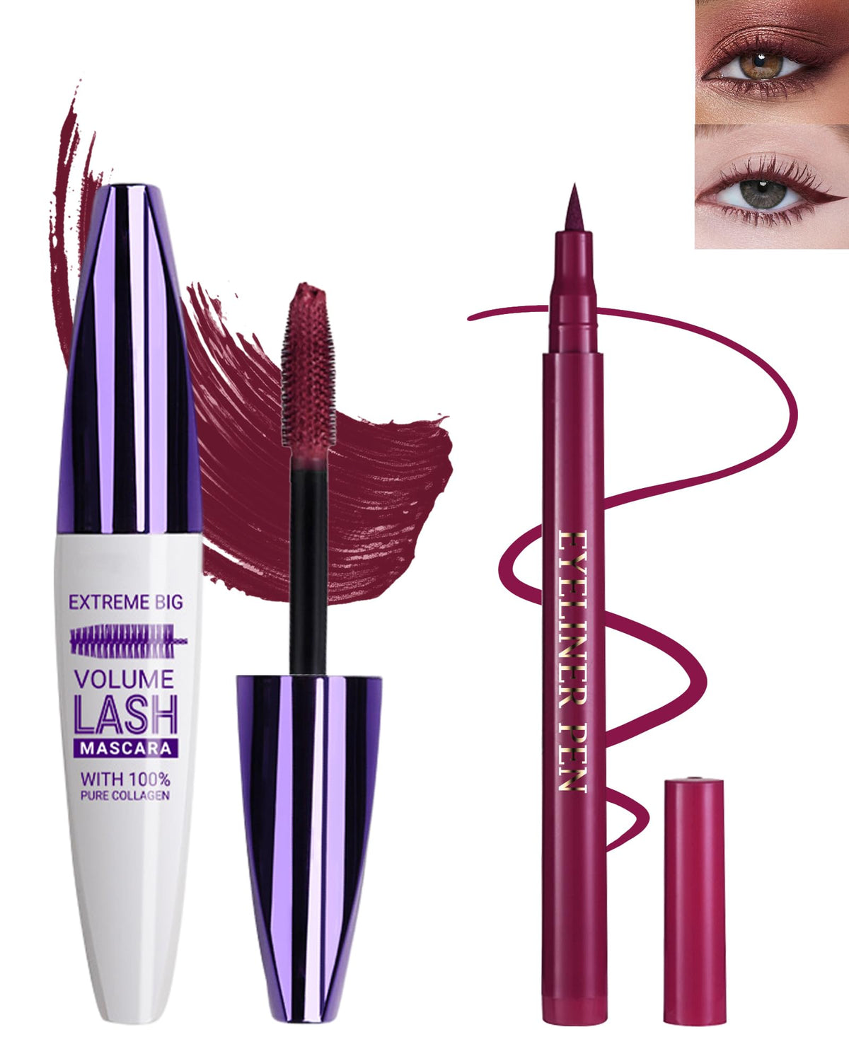 Burgundy Waterproof Mascara Eyeliner, Colored Tubing Mascara Eye Liner Set