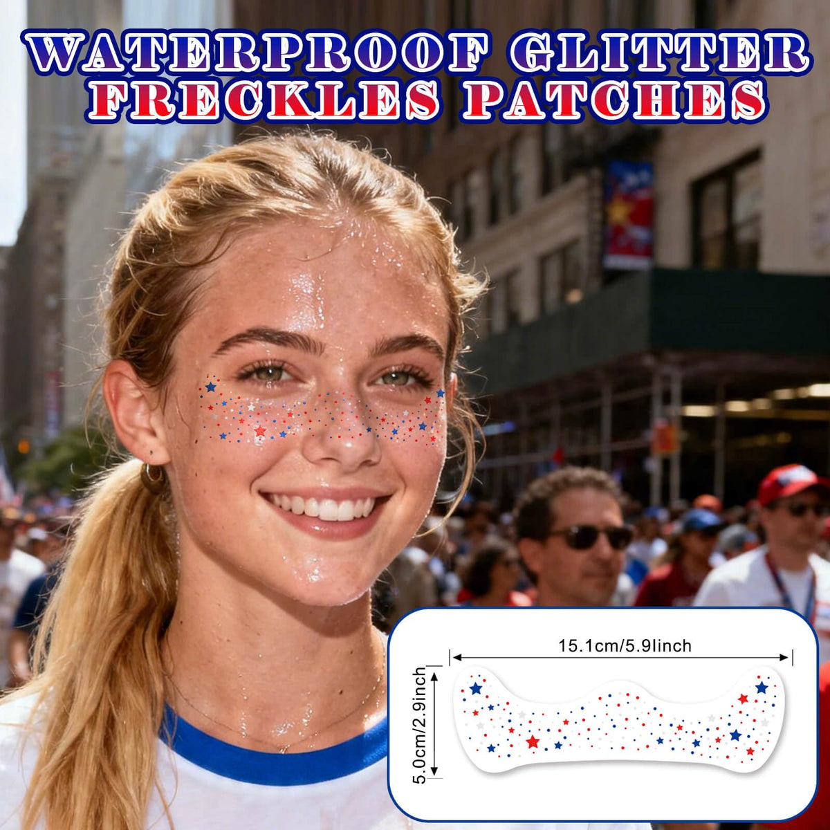 Paminify 4th of July Red White Blue Glitter Freckles Face Tattoos, Patriotic Star Face Tattoo, July 4th Accessories for Women, Independence Day USA Face Sparkles Makeup, 8 PCS