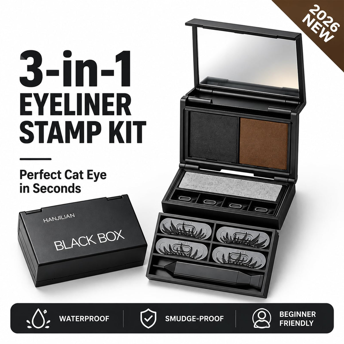 3‑in‑1 Eyeliner & Lower Lash Stamp Kit with Beauty Mark Stamp, Waterproof Smudge‑Proof Dual-Color Ink Eye Makeup Tool for Beginners, With Portable Case