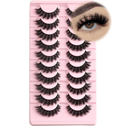 FARRED False Lashes Wispy Natural Strip Eyelashes 14mm Cat Eye Mink Lash Strips Full Volume Fake Cateye Eyelash Pack Natural Look 10 Pairs Short Thick Fluffy Pestañas Postizas for Women