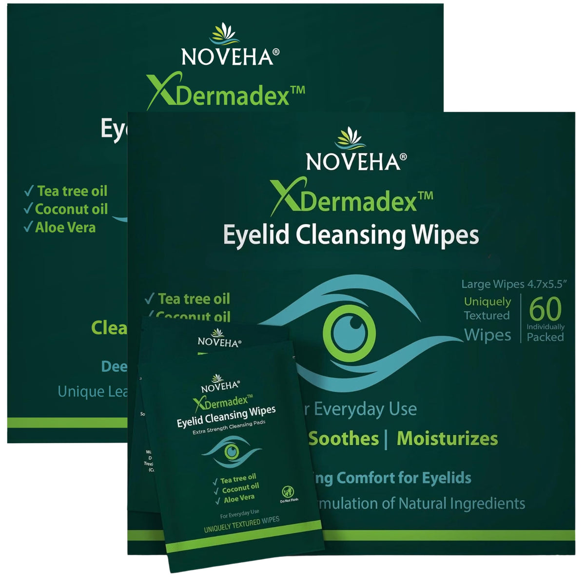 NOVEHA Eyelid & Lash Wipes | Box of 60 Individually Wrapped Extra Strength Cleansing Eyelash Wipes - Naturally Remove Debris (Pack of 2)