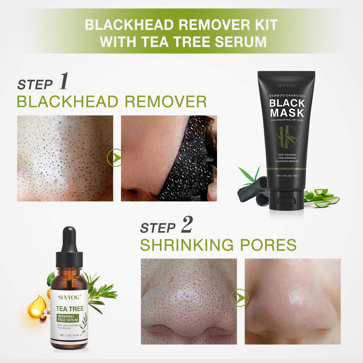 Blackhead Peel Off Face Mask, SHVYOG 3-in-1 Blackhead Remover Mask with Brush & Tea Tree Oil Serum, Charcoal Face Mask for Deep Cleansing Blackheads, Dirts, Pores, Skin Oil (100g+30ml)