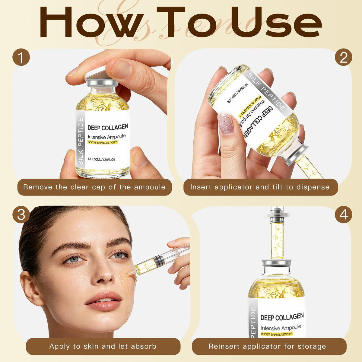 Deep Collagen Serum Silk Peptide Ampoule, Copper Peptides, Intensive Hydrating Skin Care Facial Serum for Boost Skin Elasticity, Anti-Aging, Instant Face Lift for All Skin Types (1.69Fl Oz / 50ML)