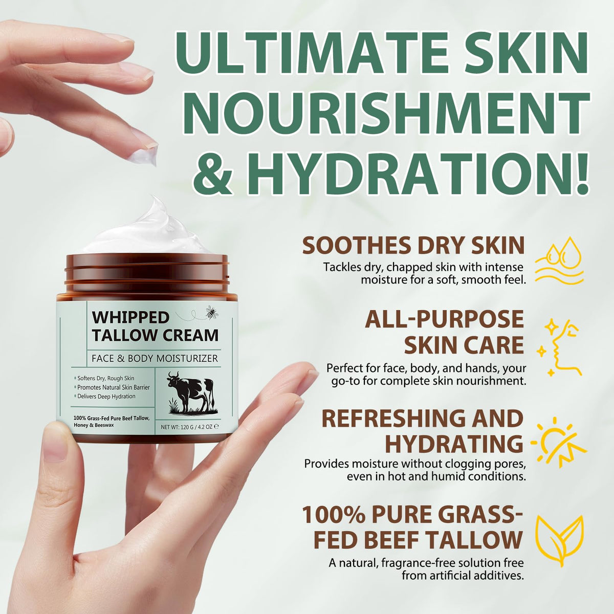 FlameBeauty Whipped Beef Tallow for Skin - 100% Grass Fed Pure Beef Tallow with Honey, Natural Moisturizing Cream for Face and Body, Deep Hydration Softens Dry Skin, Nourishing Tallow Cream 4.2 Oz