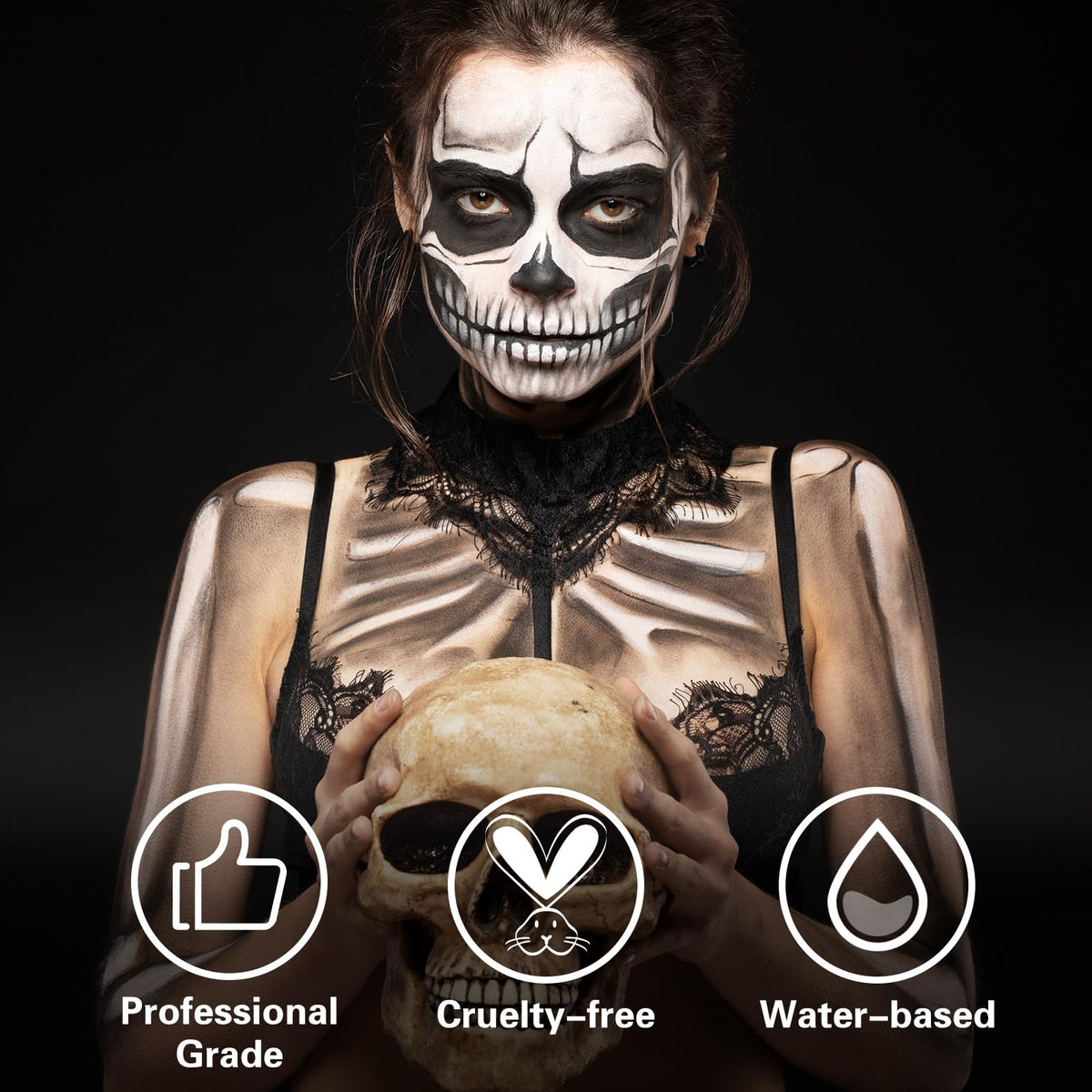 BOBISUKA Black Face Body Paint, Water Based Face Painting for Art Theater Halloween Party Cosplay Clown SFX Makeup for Women Adults, Non-Toxic Washable