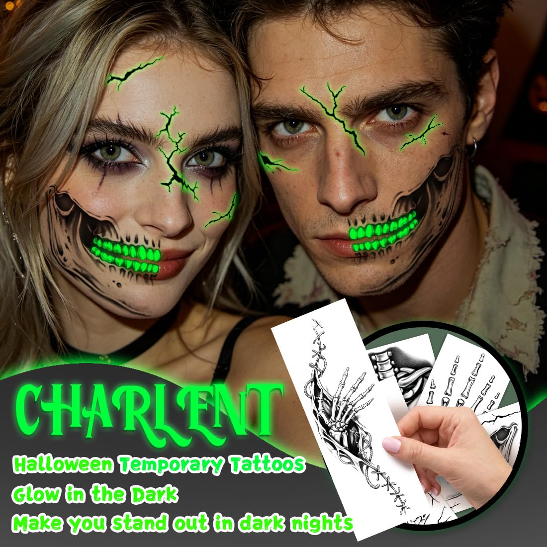CHARLENT Glow in The Dark Skeleton Face Tattoos for Halloween Costume