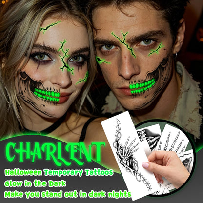 CHARLENT Glow in The Dark Skeleton Face Tattoos for Halloween Costume