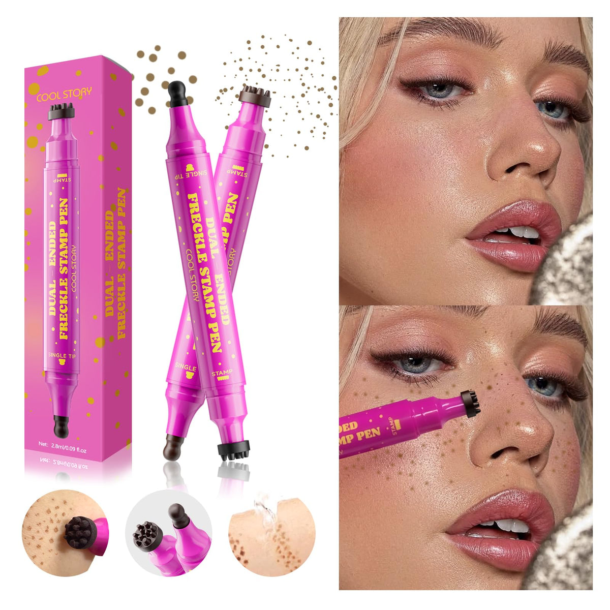 Beauty Glazed Dual-Ended Freckle Stamp Pen – Realistic Faux Freckles Makeup with Soft Sponge Stamp & Precision Tip – Waterproof Long-Lasting Freckle Marker for Natural or Bold Looks (01 Beige Brown)