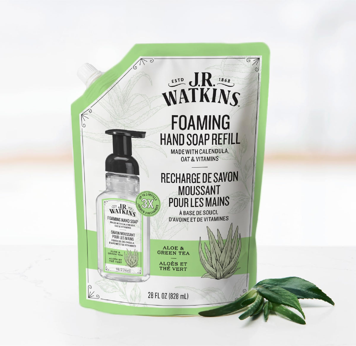 J.R. Watkins Foam Hand Soap Refill 2 Pack, Aloe & Green Tea, 28 fl oz