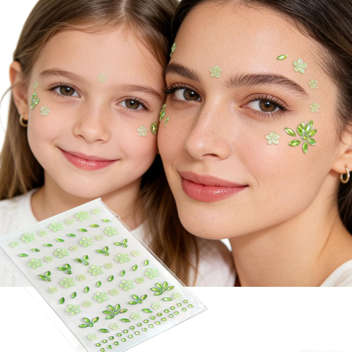 Green Flower Face Gems Stickers - Summer Face Jewelry with Floral Rhinestone Decals, Self-Adhesive Green Face Tattoos for Festival Makeup, Halloween Costume, Christmas Cosplay, Nail & Body Art