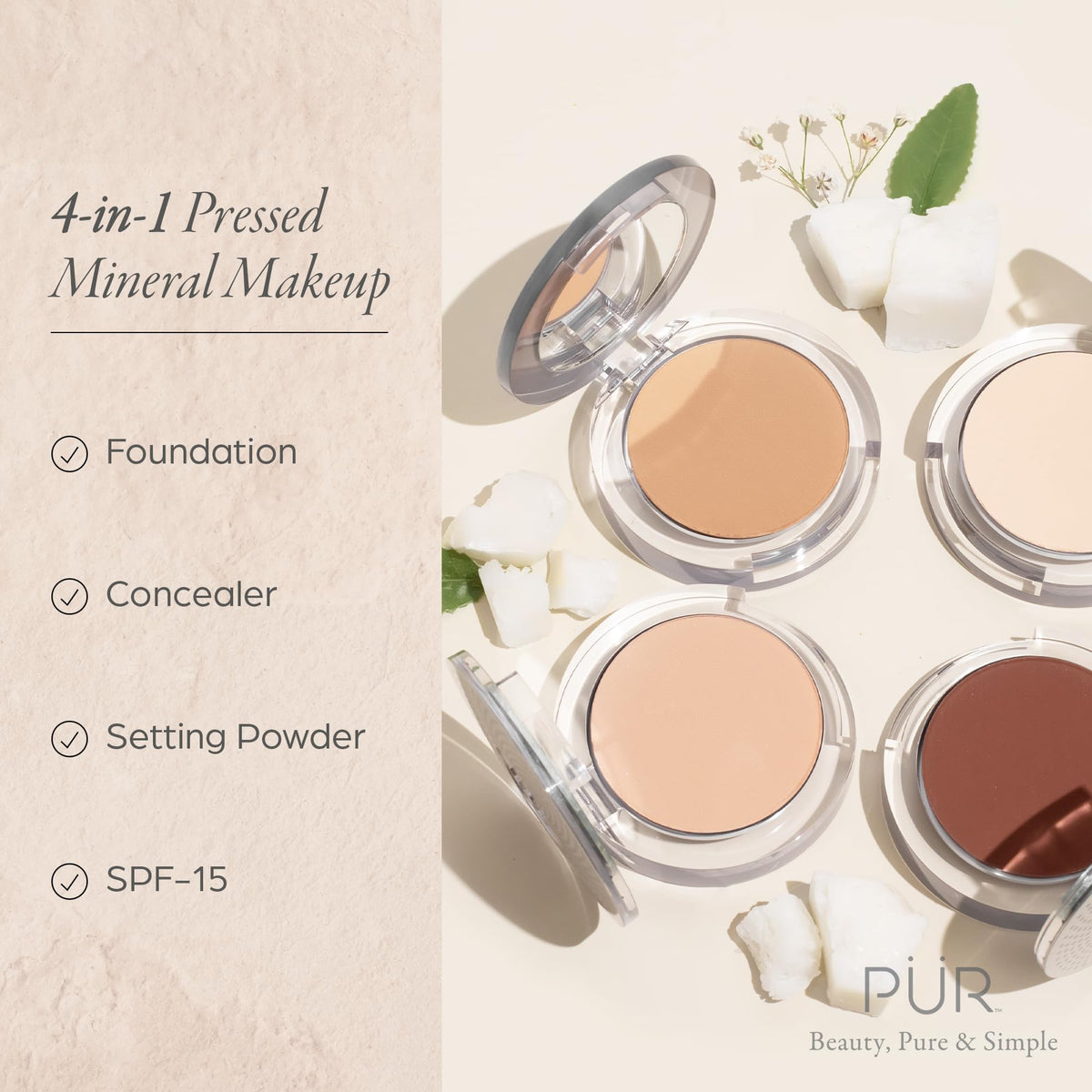 PÜR 4-in-1 Pressed Mineral Powder Foundation, SPF 15, Linen, Full Coverage