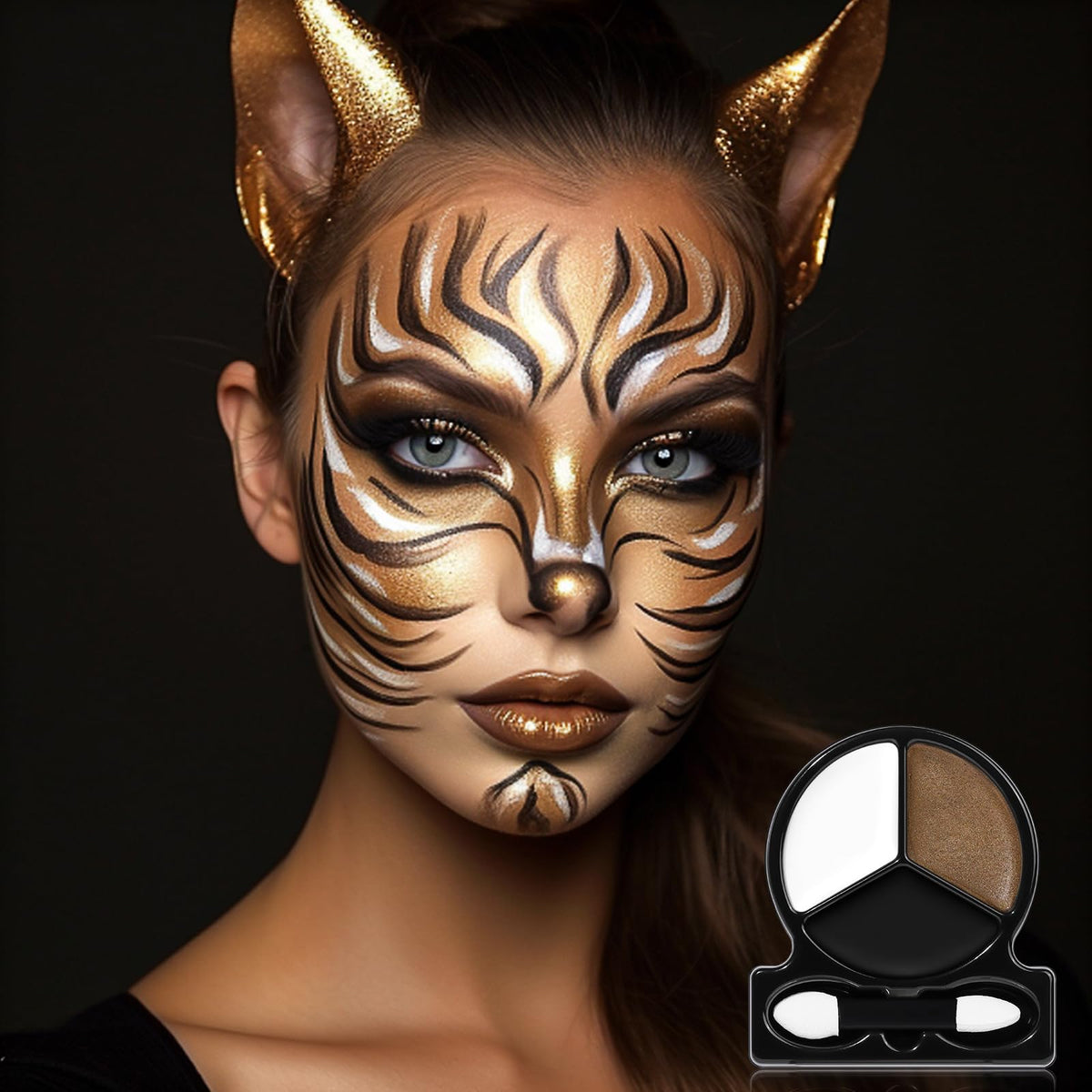 Black White Metallic Brown Face Body Paint with Applicator, Oil Based Face Painting kit for Halloween Leopard, Tiger, Cheetah, Cat Makeup, Cosplay, Costume, Theme Parties, Dress Up