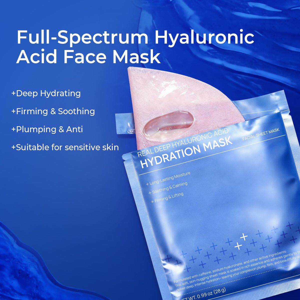 PROF.LING Real Deep Hyaluronic Acid Face Mask, Deep Hydrating & Moisturizing Sheet Mask for Dry, Dehydrated & Sensitive Skin, Intensive Moisture Care, Korean Skincare, 28g x 5 ea