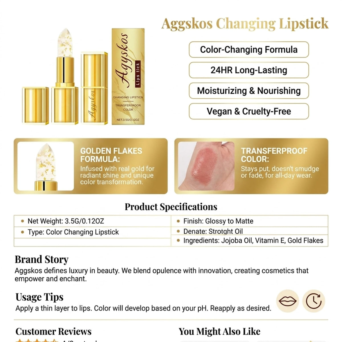 AGYSKOS Kivora Lipstick for Mature Lips, pH Color Changing Lip Tint, 1 Pack