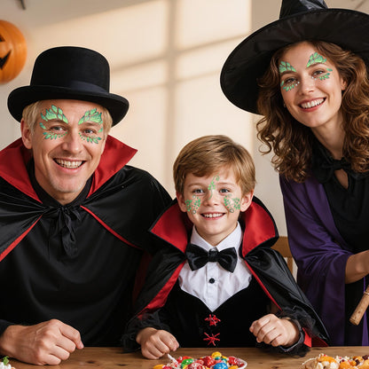 Halloween Leaf Face Makeup Temporary Tattoos+Green White Faces Gems