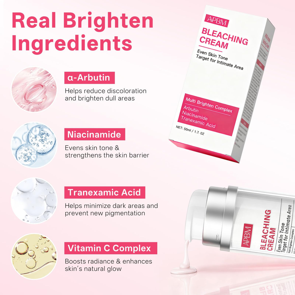 APBM Skin Lightening Cream for Intimate Area with Niacinamide, Arbutin, Tranexamic Acid and Vitamin C, Even Skin Tone for Body, Underarm, Knees, Elbows, Inner Thigh, Bikini Areas, 1.7 fl.oz