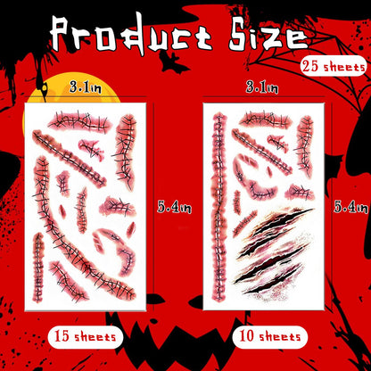 25 Sheets Fake Scar Temporary Tattoos Bloody Halloween Makeup Stickers