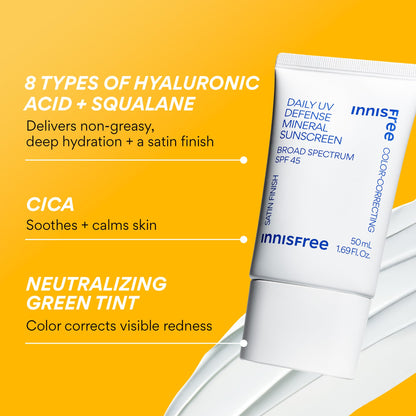 innisfree Daily Mineral UV Defense SPF 45 | Tinted Korean Sunscreen with Zinc Oxide for Redness | Gentle, Hydrating and Lightweight | Available in 2 Pack