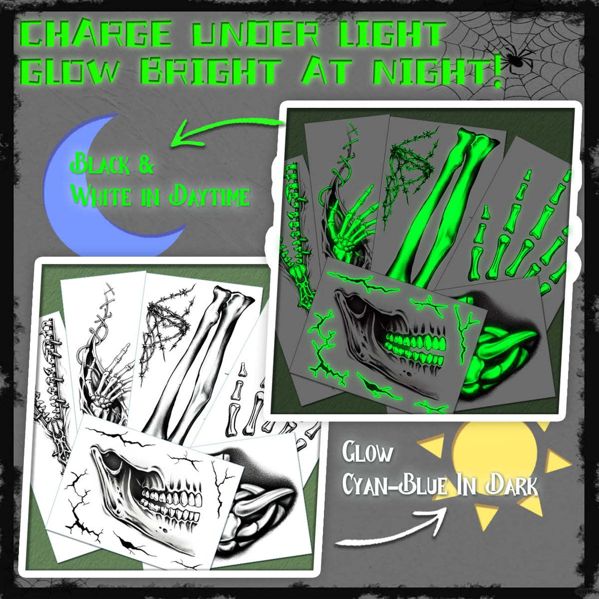 CHARLENT Glow in The Dark Skeleton Face Tattoos for Halloween Costume