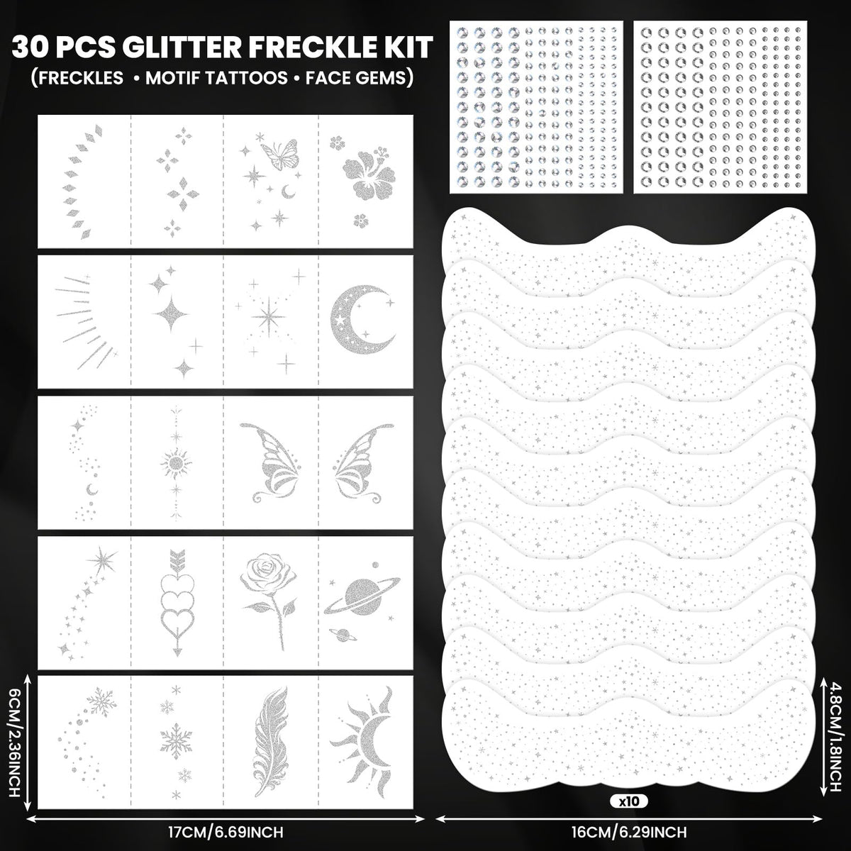 30PCS Glitter Freckles Face Tattoos & Face Gems Set, Classic Silver Style