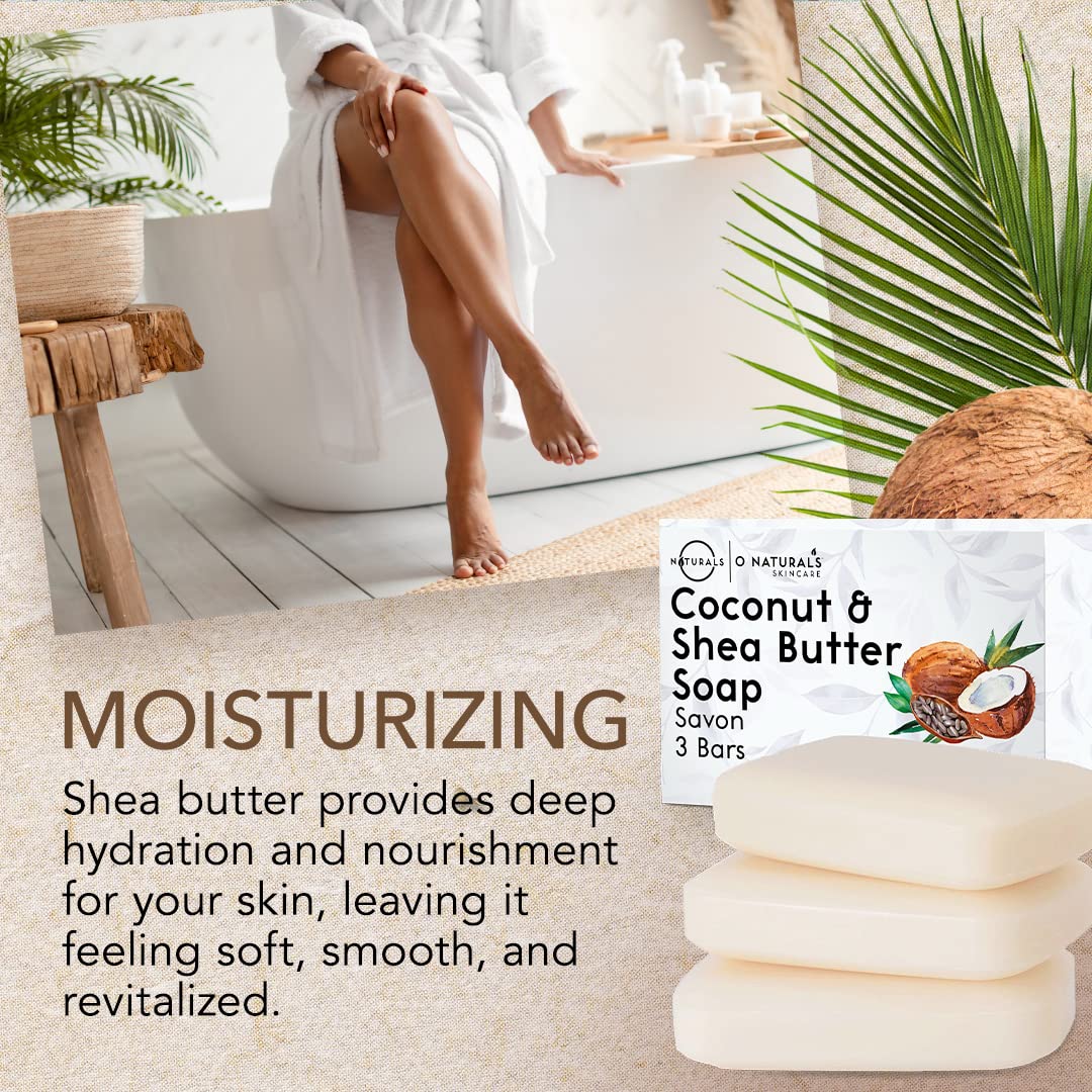 O NATURALS Natural Coconut Shea Butter Soap Bar 3 Pack - Gifts for Women