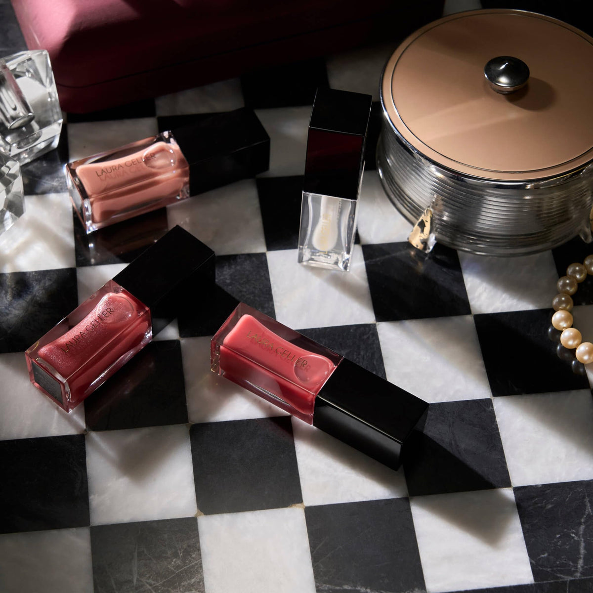 LAURA GELLER Fine Shine Glossy Lip Oil, Hydrating - Glass Half Full, Spiced Chai, Pink Prosecco, Rose Garden