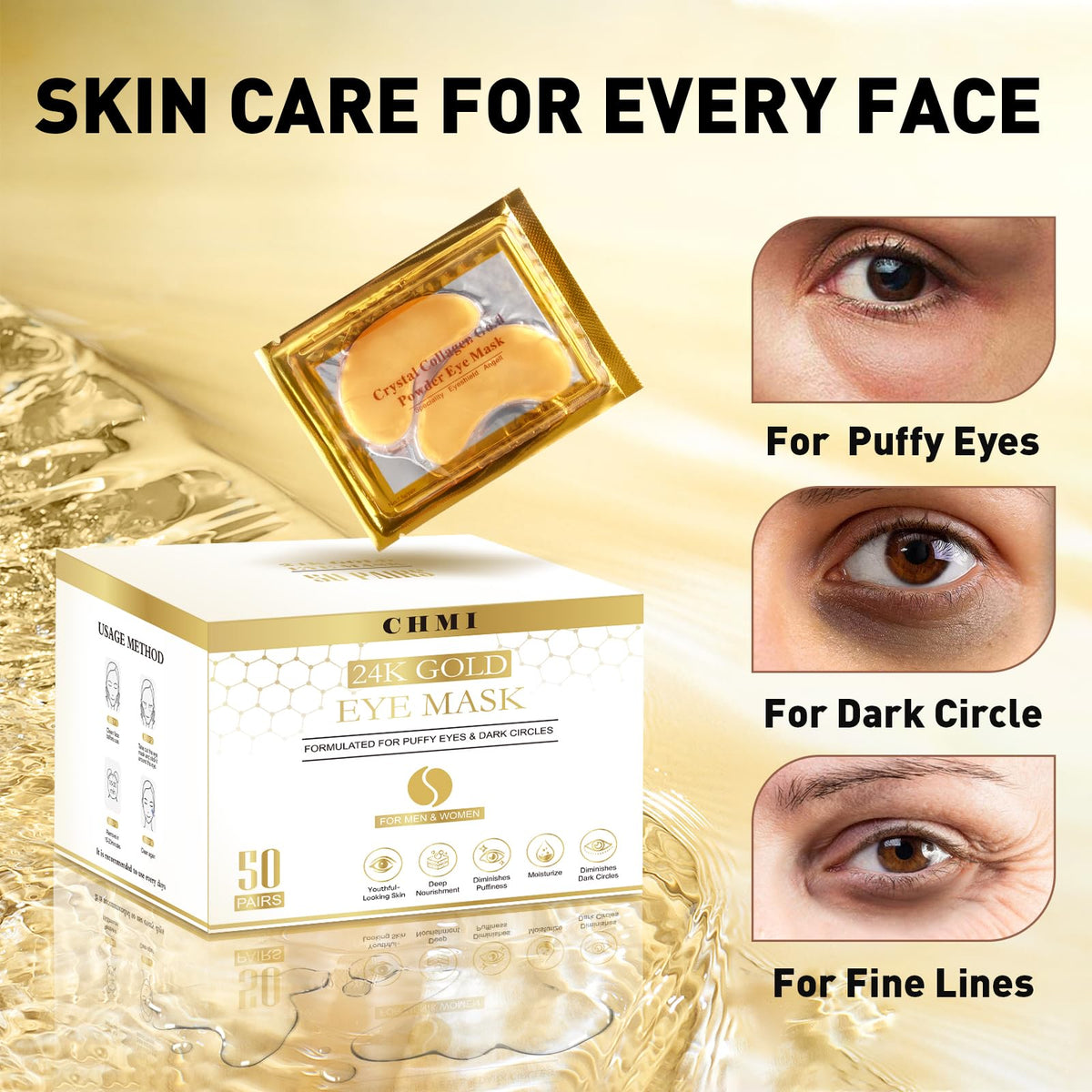 CHMI 24K Gold Under Eye Patches 100 Pairs Collagen, Dark Circles, Wrinkles