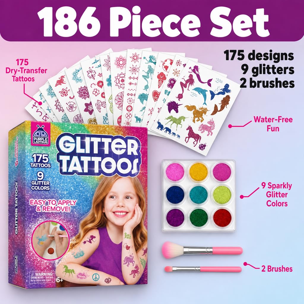 Glitter Tattoo Kit for Ages 6+, No Glue & Low Mess Temporary Fake Tattoos