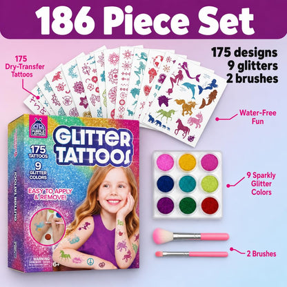 Glitter Tattoo Kit for Ages 6+, No Glue & Low Mess Temporary Fake Tattoos