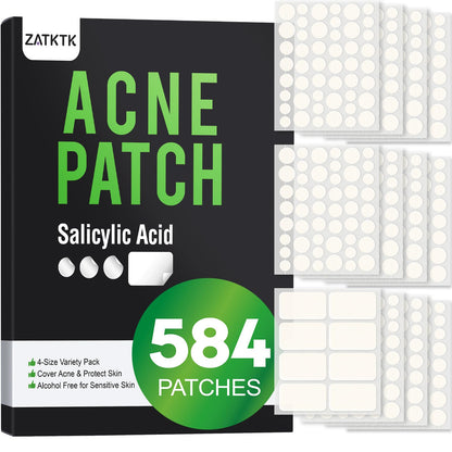 ZATKTK Pimple Patches for Face, 584 Count FSA Hydrocolloid Acne Patches with Salicylic Acid, Bulk Pimple Stickers for Zit Breakouts and Blemishes, 4 Sizes, Fast Absorbing Spot Patch