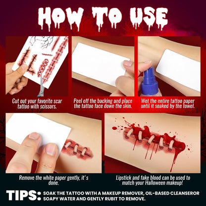 Halloween Zombies Fake Scars Temporary Tattoos, Makeup Kit for Adults