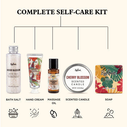 BFFLOVE Gift Set for Women 5pcs Cherry Blossom Spa Set, Birthday Presents for Her with Massage Oil, Scented Candle, Bath Salts, Hand Cream, Mothers' Day Gifts for Her