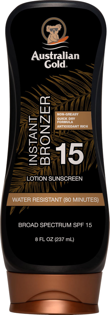 Australian Gold Sunscreen Lotion with Instant Bronzer SPF 15, 8 Ounce | Broad Spectrum | Water Resistant | Non-Greasy | SPF 15 8 Fl Oz (Pack of 1)