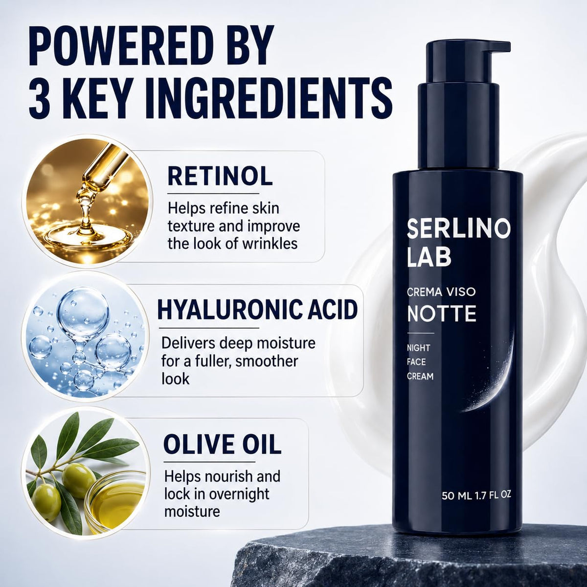 Serlino Lab Night Face Cream for Men - Retinol Night Cream with Hyaluronic Acid & Olive Oil, Collagen Boosting Face Moisturizer, Firms Men's Sagging Neck & Jowls, Reduces Deep Wrinkles, 1.7 Fl Oz