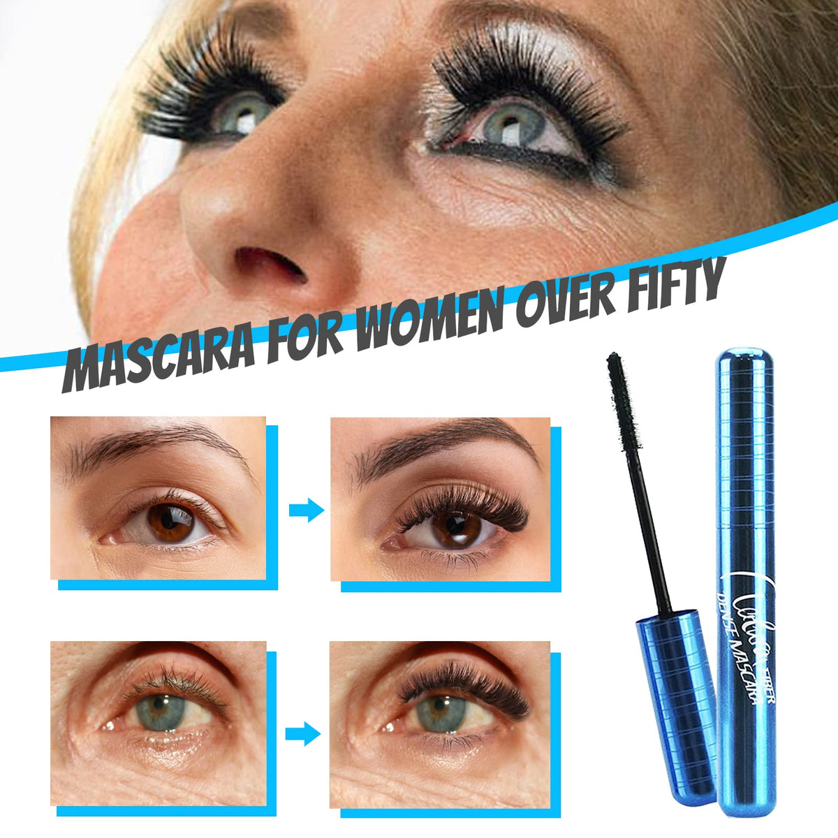 Mascara for Older Women 60 Plus, Mascara for Seniors with Thinning Lashes, Hypoallergenic Sensitive Eyes, Black Volume and Length, Waterproof Smudge Proof(1pc)
